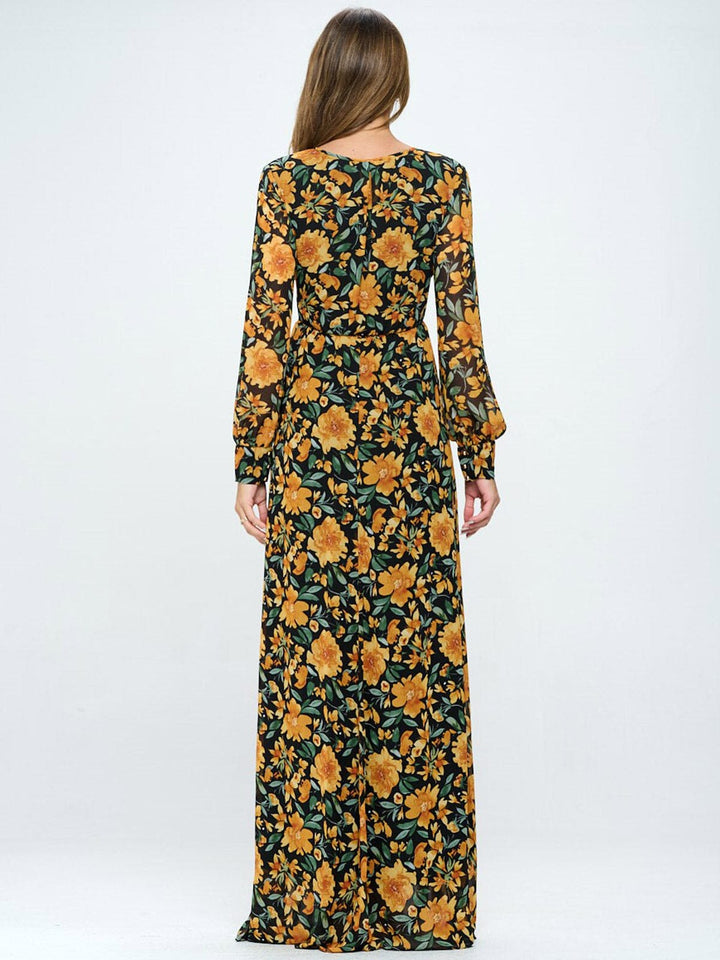 WOMEN'S LONG SLEEVE FLORAL SURPLICE MAXI DRESS