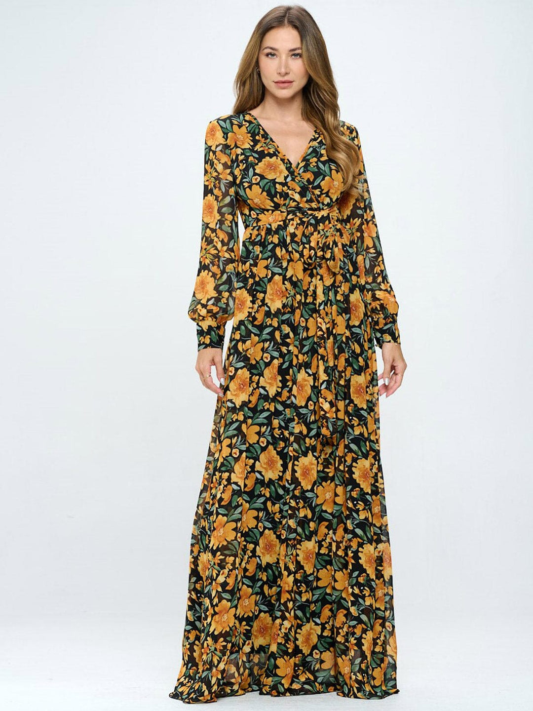 WOMEN'S LONG SLEEVE FLORAL SURPLICE MAXI DRESS
