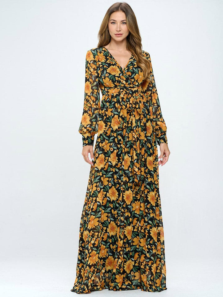 WOMEN'S LONG SLEEVE FLORAL SURPLICE MAXI DRESS