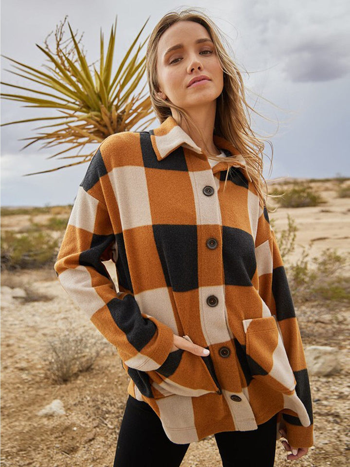 WOMEN'S LONG SLEEVE POCKETS BUTTON UP CHECKERS JACKET