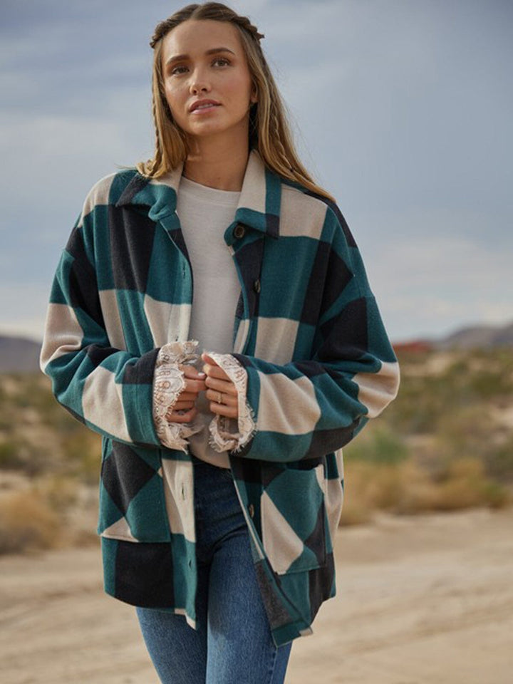 WOMEN'S LONG SLEEVE POCKETS BUTTON UP CHECKERS JACKET