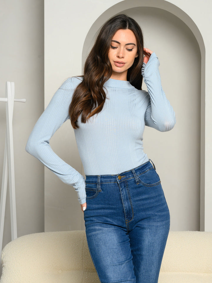 WOMEN'S LONG SLEEVE RIBBED KNIT MOCK NECK BODYSUIT