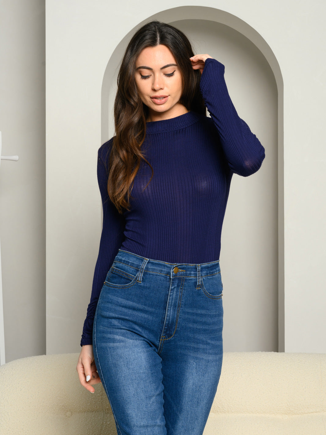 WOMEN'S LONG SLEEVE RIBBED KNIT MOCK NECK BODYSUIT