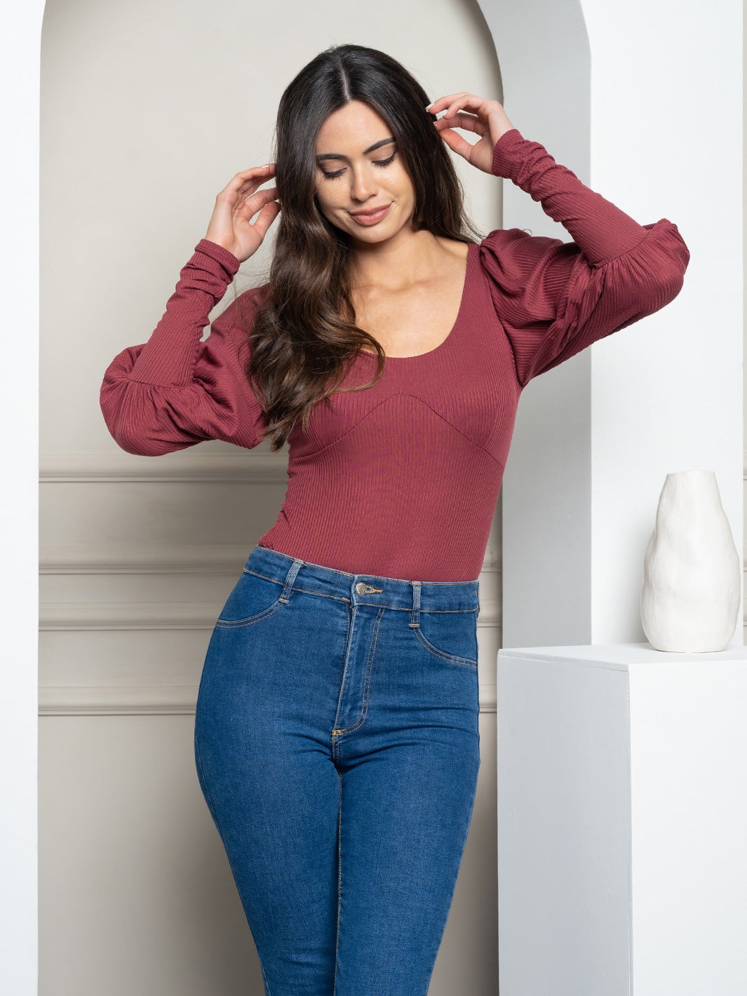 WOMEN'S PUFF LONG SLEEVE RIBBED BODYSUIT