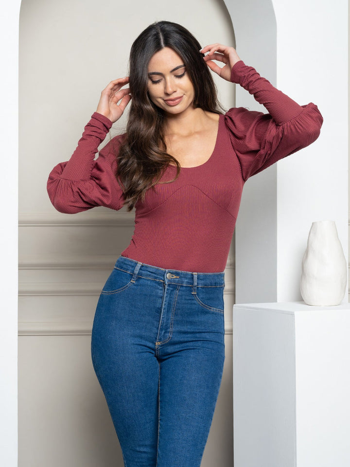 WOMEN'S PUFF LONG SLEEVE RIBBED BODYSUIT