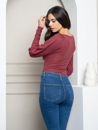 WOMEN'S PUFF LONG SLEEVE RIBBED BODYSUIT