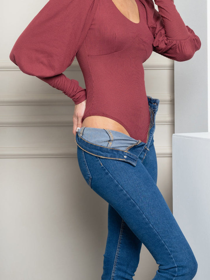 WOMEN'S PUFF LONG SLEEVE RIBBED BODYSUIT