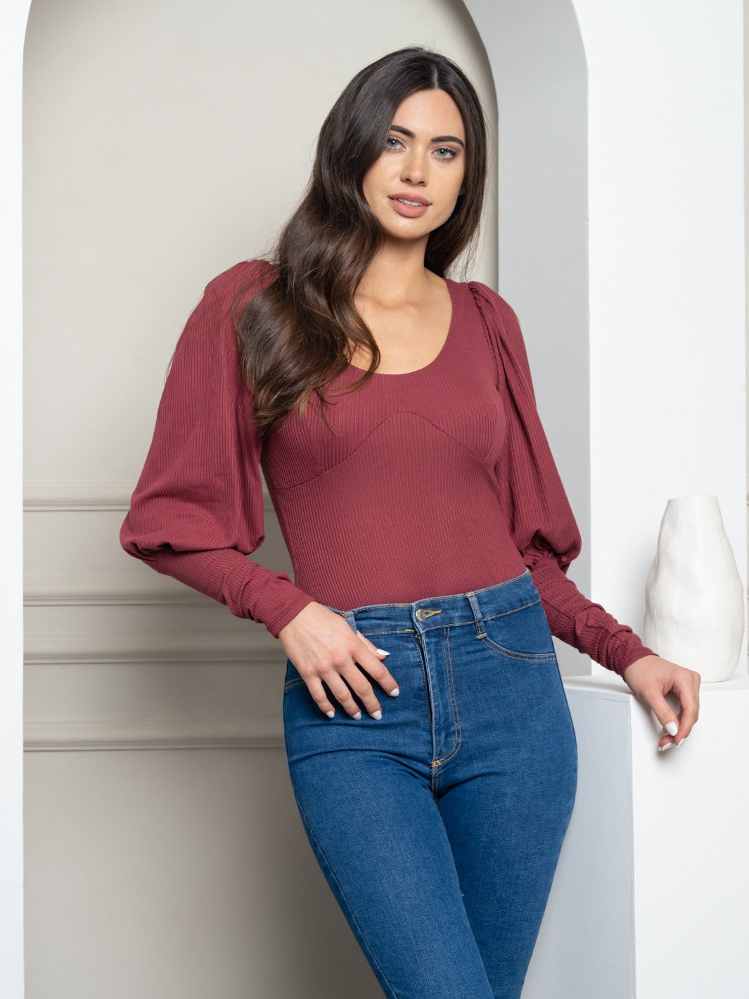 WOMEN'S PUFF LONG SLEEVE RIBBED BODYSUIT