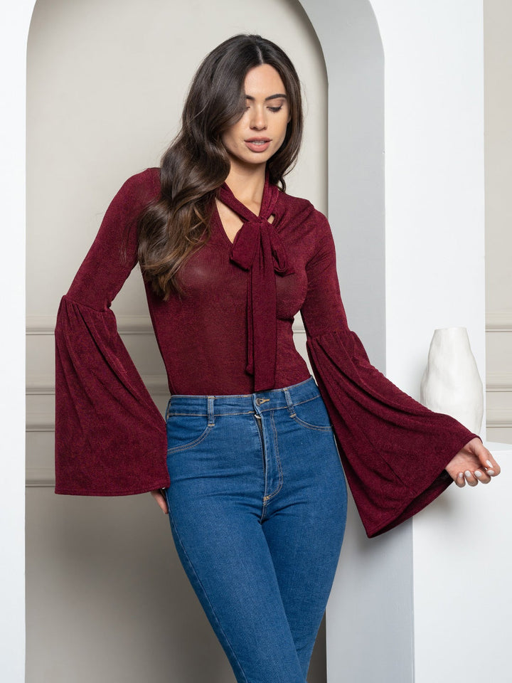 WOMEN'S LONG SLEEVE SLINKY FRONT TIE BODYSUIT