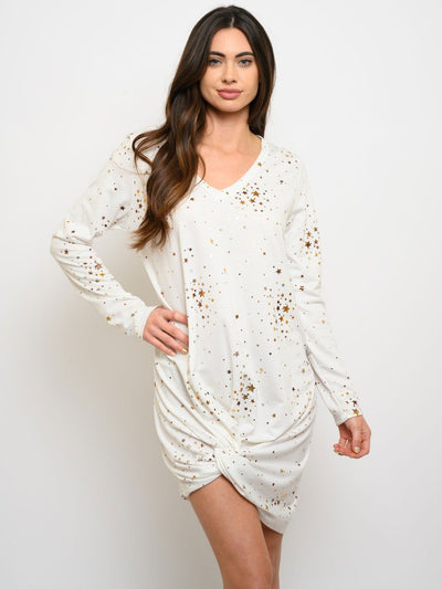 WOMEN'S LONG SLEEVE FRONT TWIST STAR PRINT DRESS