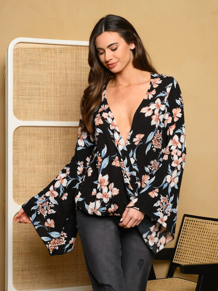 WOMEN'S SURPLICE LONG BELL SLEEVE FLORAL TOP