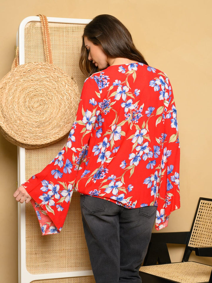WOMEN'S SURPLICE LONG BELL SLEEVE FLORAL TOP