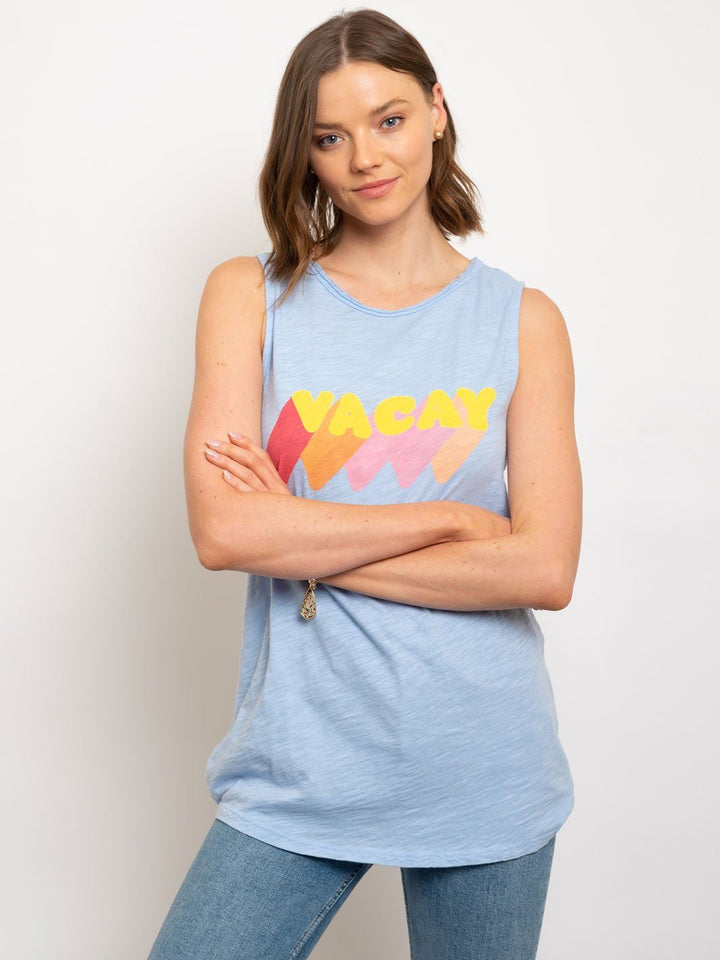 WOMEN'S SLEEVELESS MINERAL WASH VACAY GRAPGIC TANK TOP