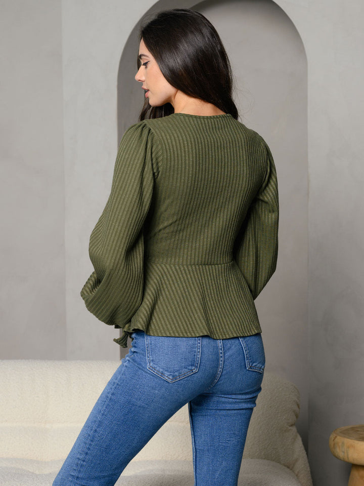 WOMEN'S SURPLICE PEPLUM V-NECK LONG SLEEVE TOP