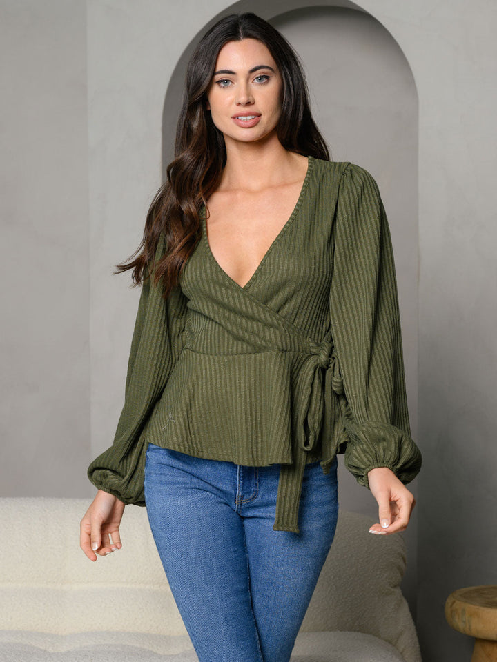 WOMEN'S SURPLICE PEPLUM V-NECK LONG SLEEVE TOP