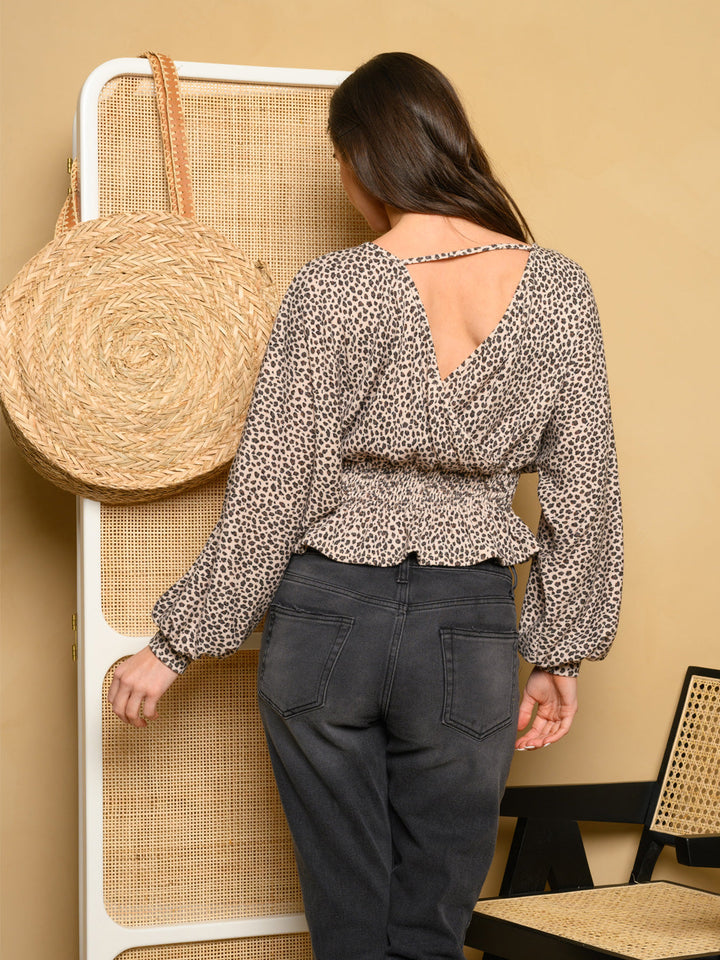 WOMEN'S LONG PUFF SLEEVE ANIMAL PRINT WRAP TOP