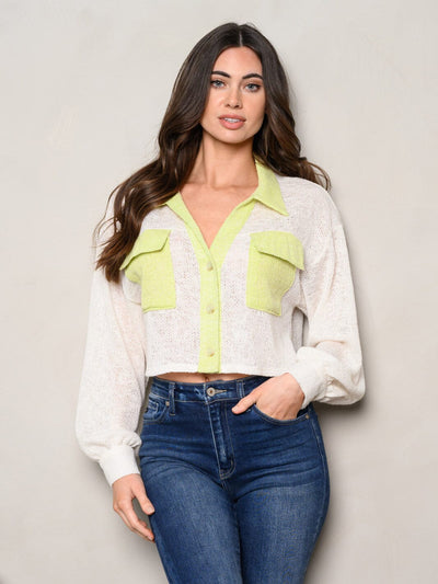 WOMEN'S LONG PUFF SLEEVE BUTTON UP FRONT POCKETS COLORBLOCK TOP