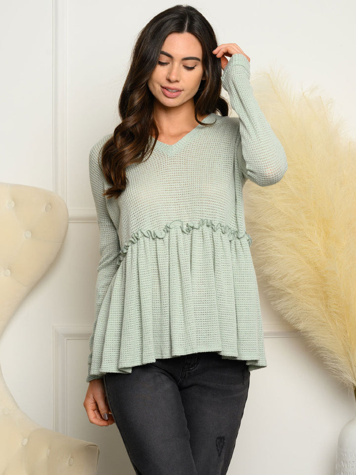 WOMEN'S LONG SLEEVE BABYDOLL HOODED KNIT TOP