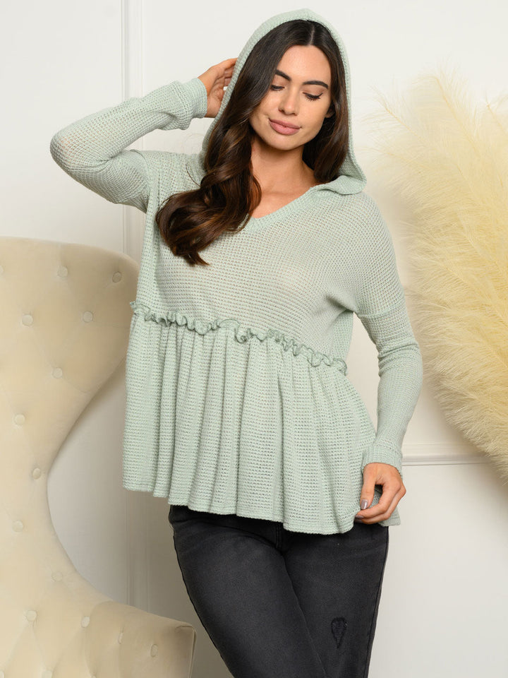 WOMEN'S LONG SLEEVE BABYDOLL HOODED KNIT TOP