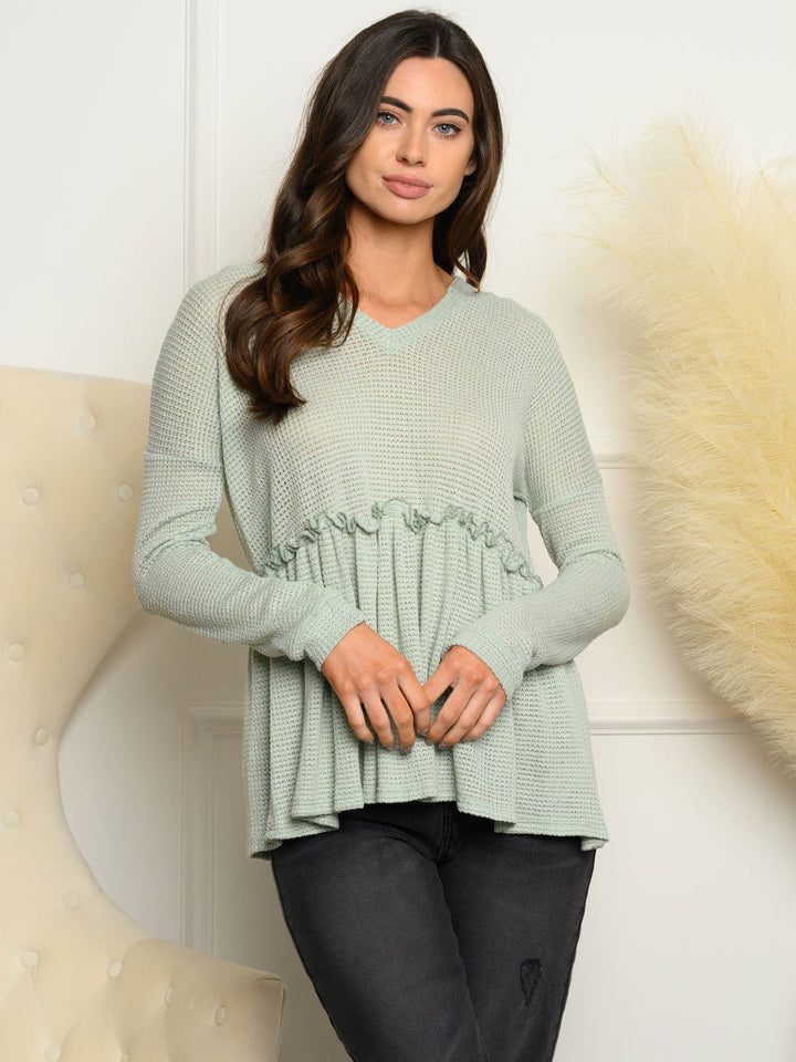 WOMEN'S LONG SLEEVE BABYDOLL HOODED KNIT TOP