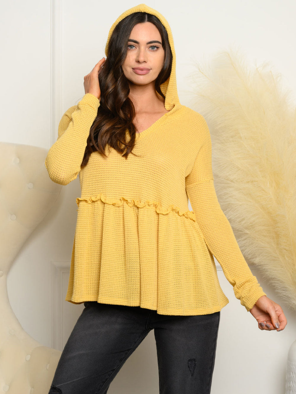 WOMEN'S LONG SLEEVE BABYDOLL HOODED KNIT TOP