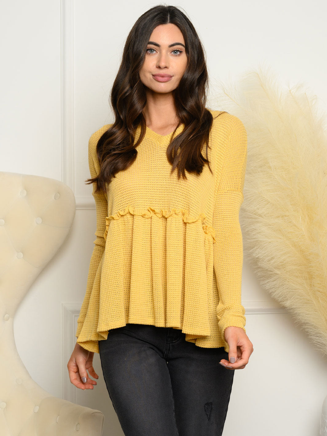 WOMEN'S LONG SLEEVE BABYDOLL HOODED KNIT TOP