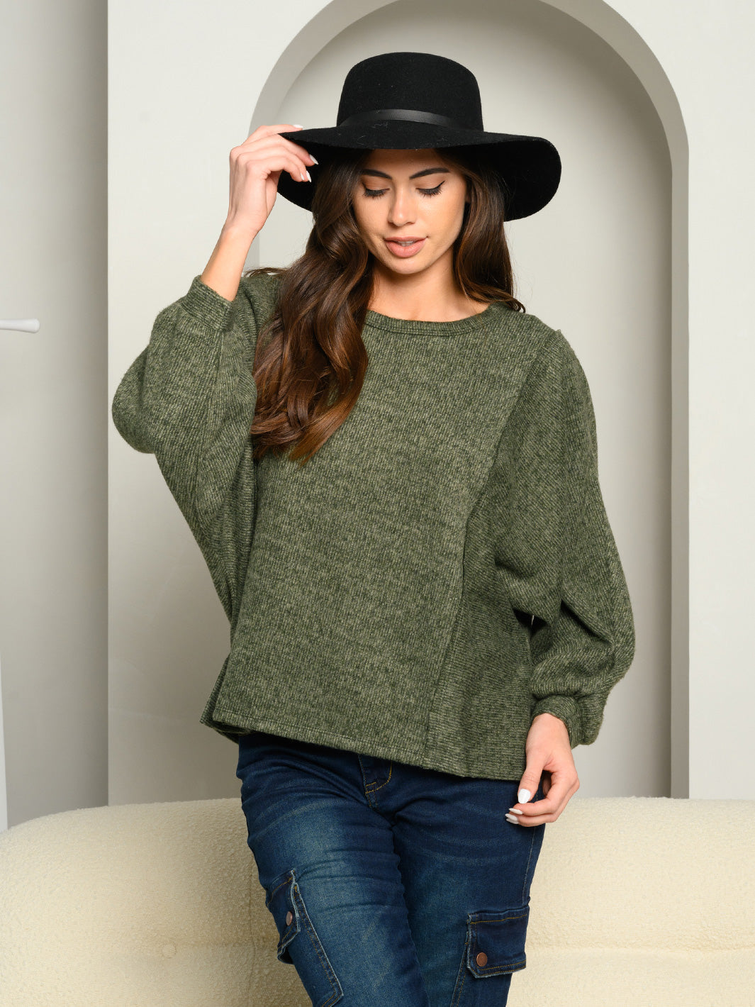 WOMEN'S PUFF LONG SLEEVE KNIT TOP