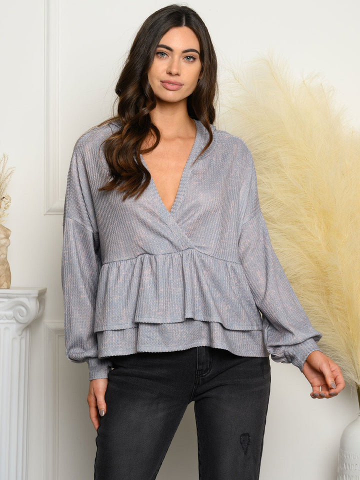 WOMEN'S LONG SLEEVE V-NECK RUFFLE TOP