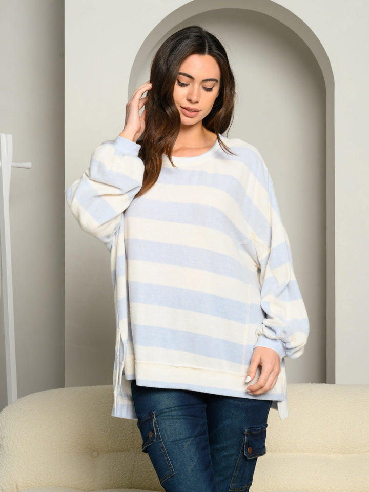 WOMEN'S LONG SLEEVE COLOR BLOCK STRIPES TUNIC TOP