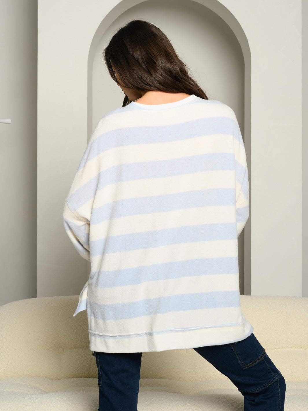 WOMEN'S LONG SLEEVE COLOR BLOCK STRIPES TUNIC TOP