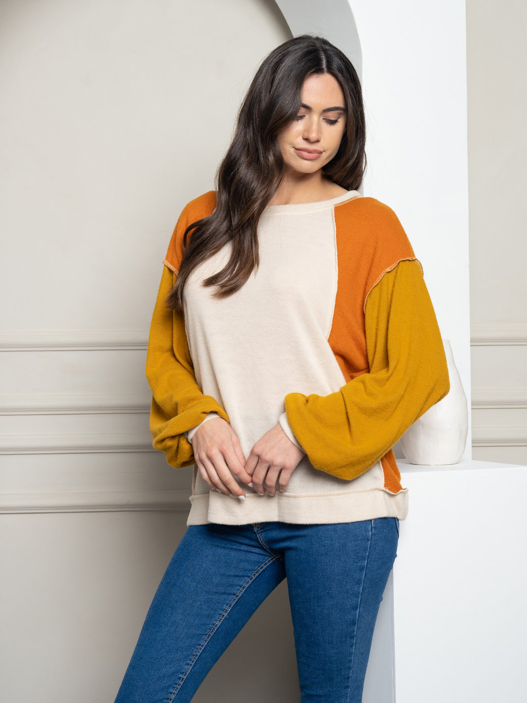 WOMEN'S LONG SLEEVE COLOR BLOCK KNIT TOP