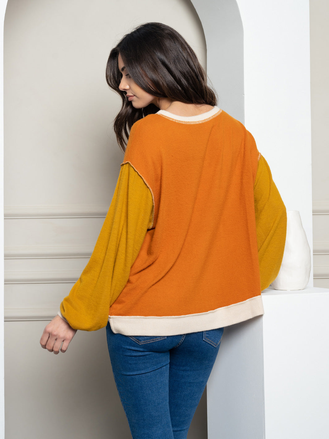 WOMEN'S LONG SLEEVE COLOR BLOCK KNIT TOP