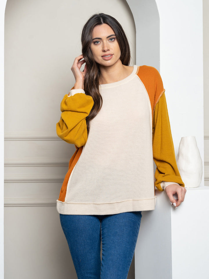WOMEN'S LONG SLEEVE COLOR BLOCK KNIT TOP