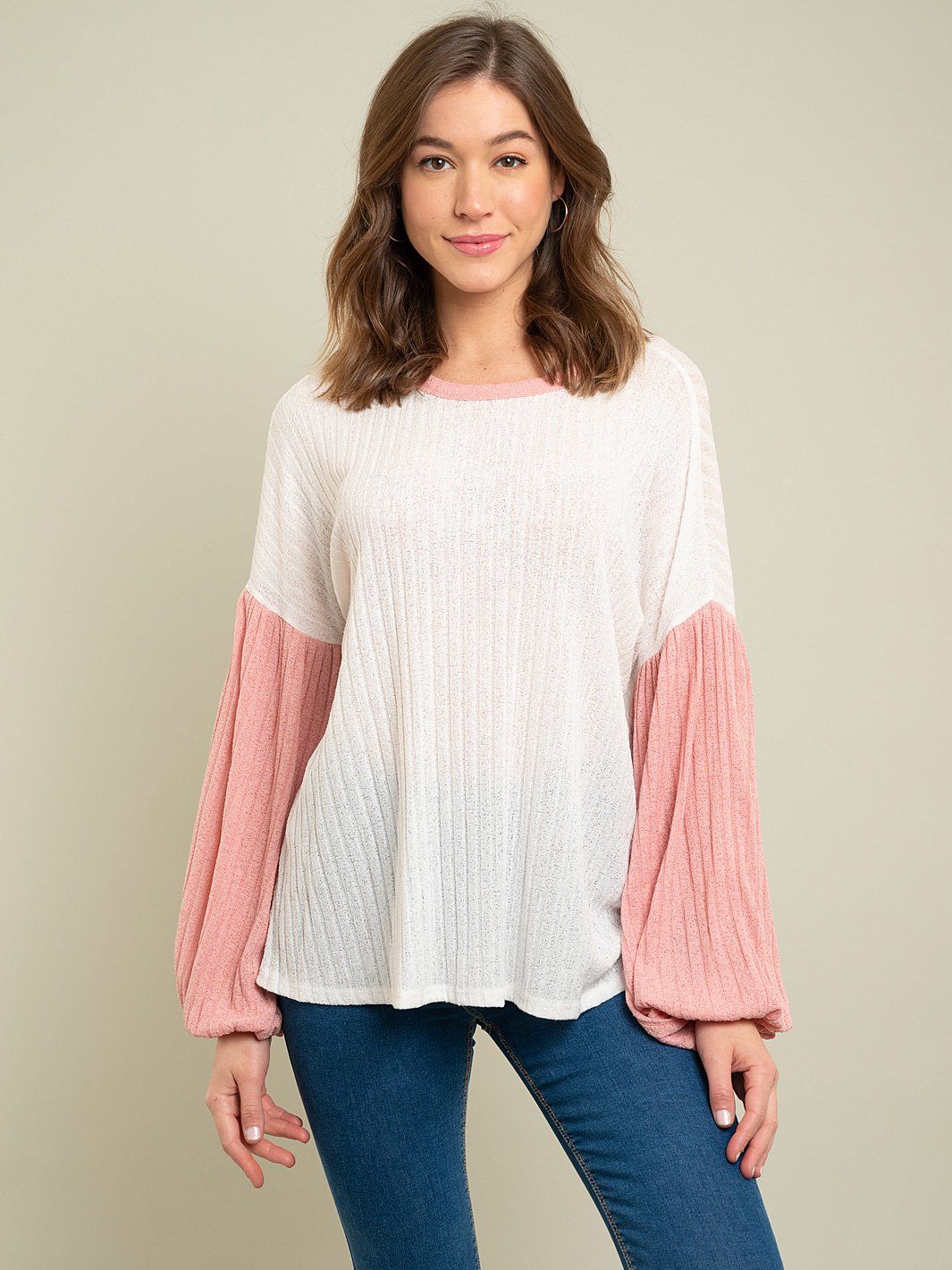 WOMEN'S BALOON SLEEVE RIBBED KNIT TOP