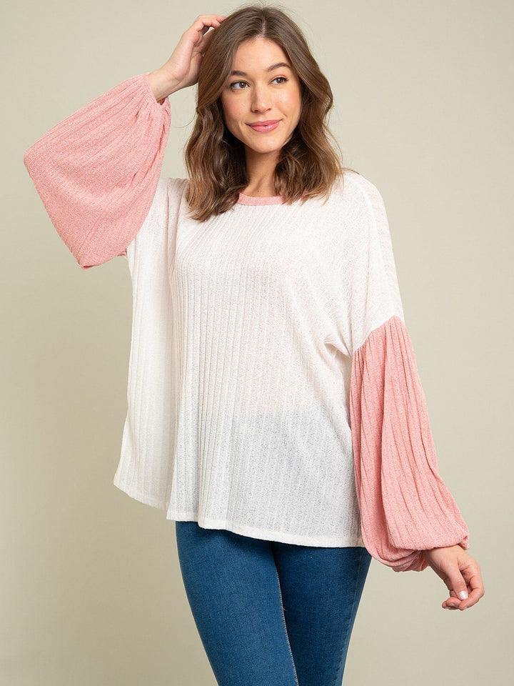 WOMEN'S BALOON SLEEVE RIBBED KNIT TOP