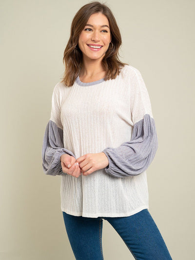 WOMEN'S BALOON SLEEVE RIBBED KNIT TOP