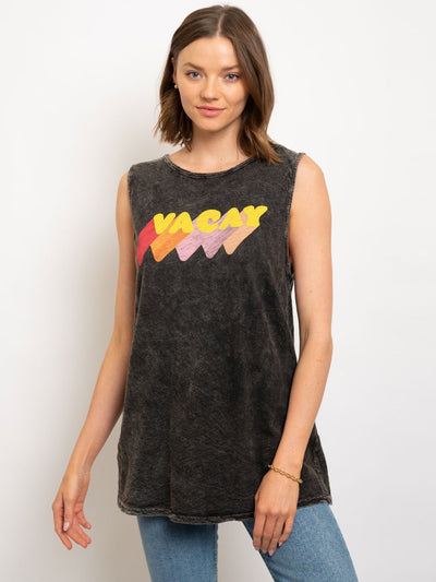 WOMEN'S MINERAL WASH BLACK CHARCOAL VACAY GRAPHIC PRINT TANK TOP