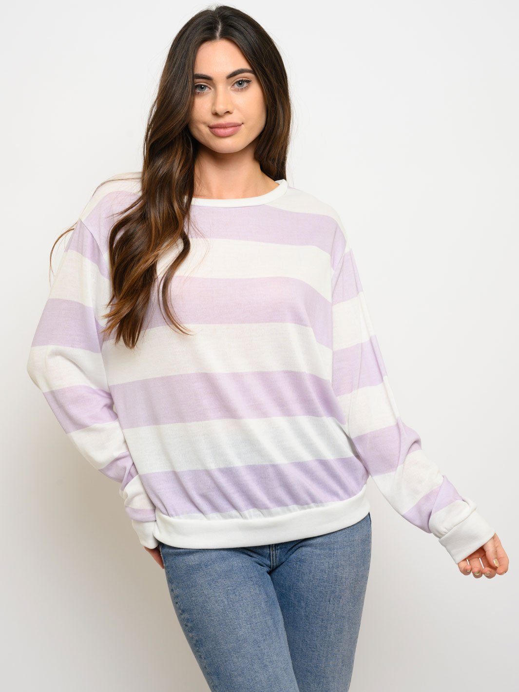 WOMEN'S LONG SLEEVE WIDE STRIPED BRUSHED TOP