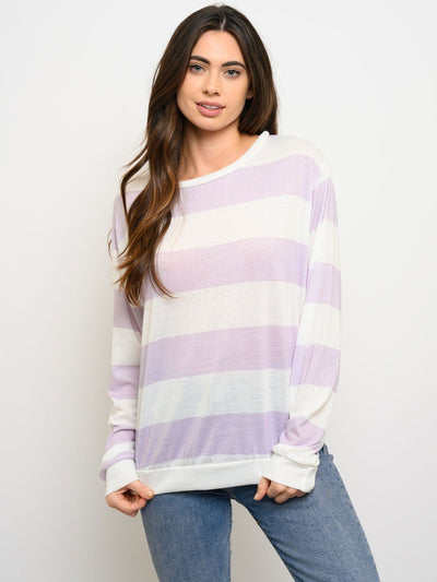 WOMEN'S LONG SLEEVE WIDE STRIPED BRUSHED TOP