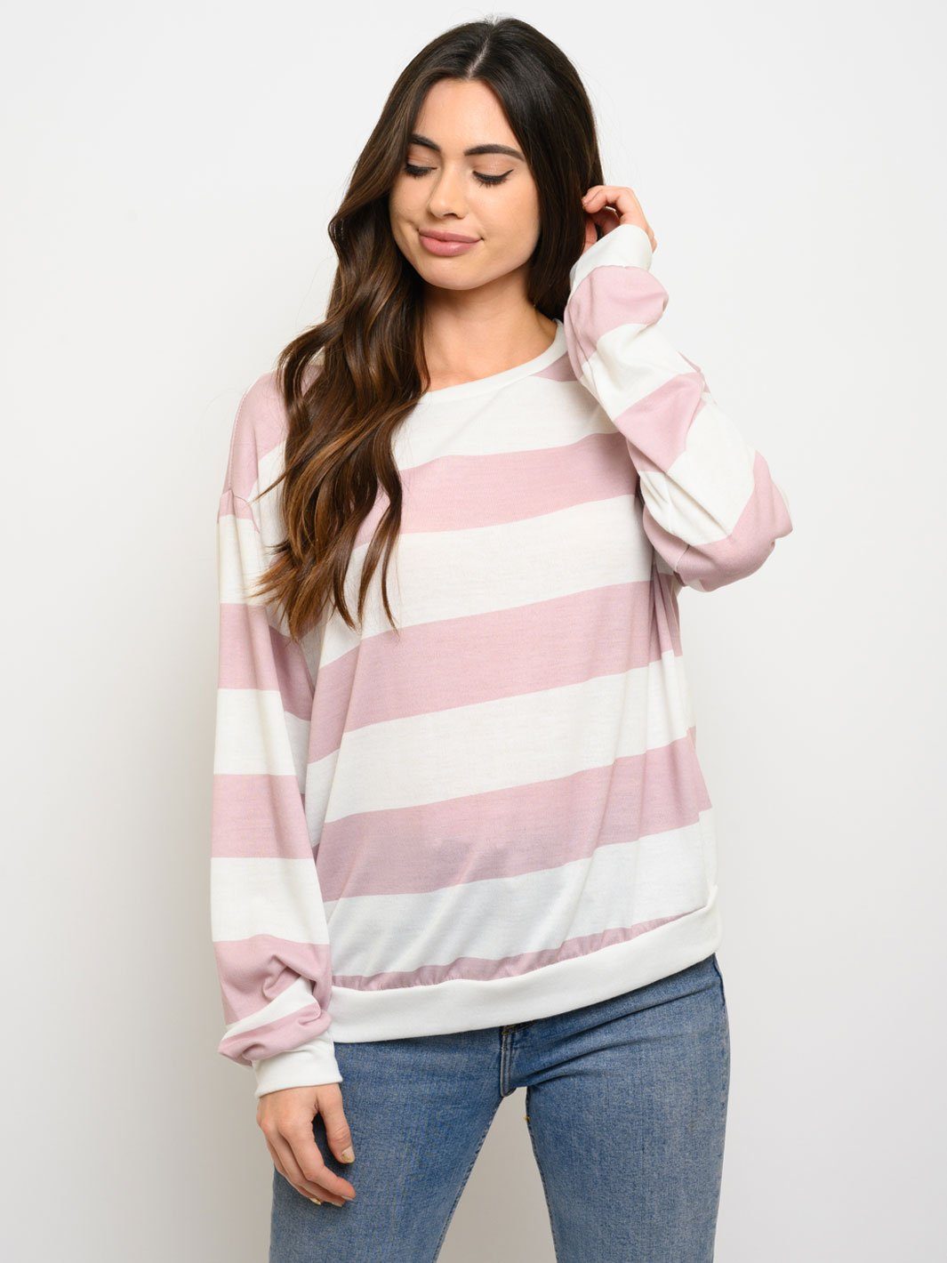 WOMEN'S LONG SLEEVE WIDE STRIPED BRUSHED TOP
