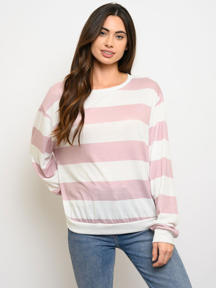 WOMEN'S LONG SLEEVE WIDE STRIPED BRUSHED TOP