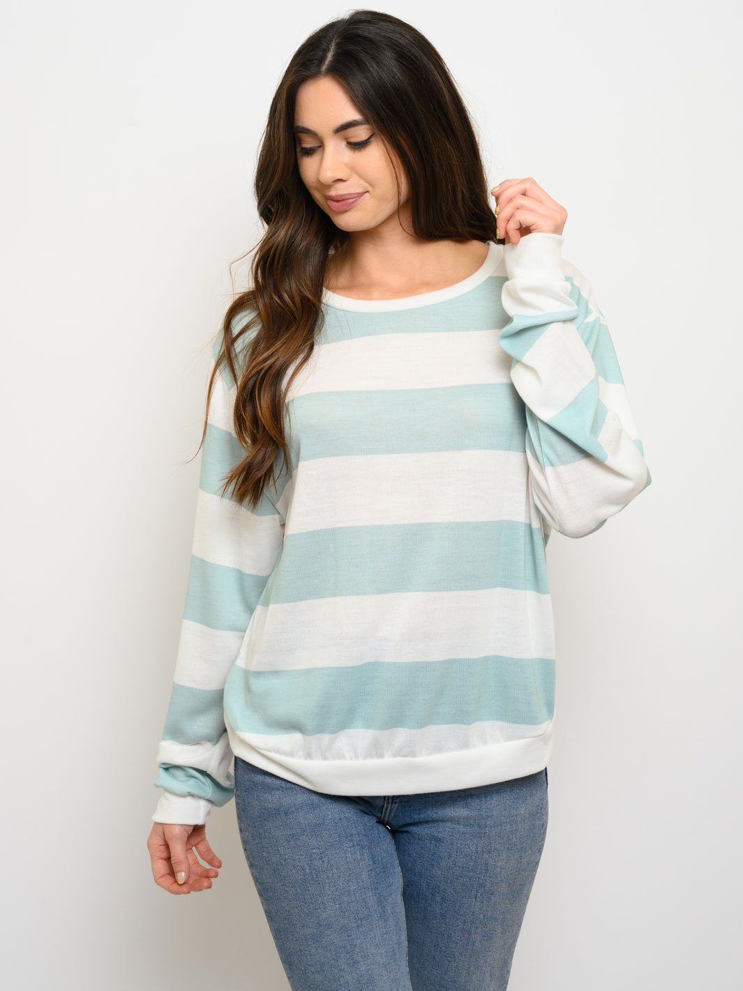 WOMEN'S LONG SLEEVE WIDE STRIPED BRUSHED TOP