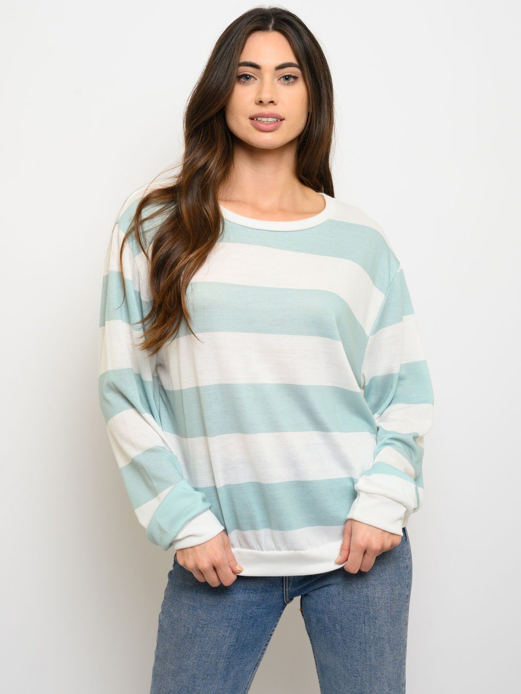 WOMEN'S LONG SLEEVE WIDE STRIPED BRUSHED TOP
