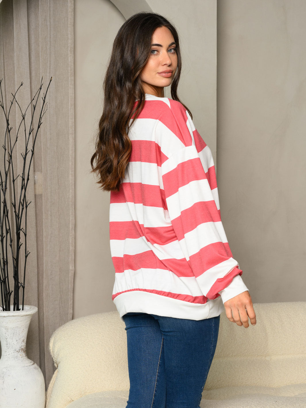 WOMEN'S LONG SLEEVE STRIPES COLORBLOCK TOP