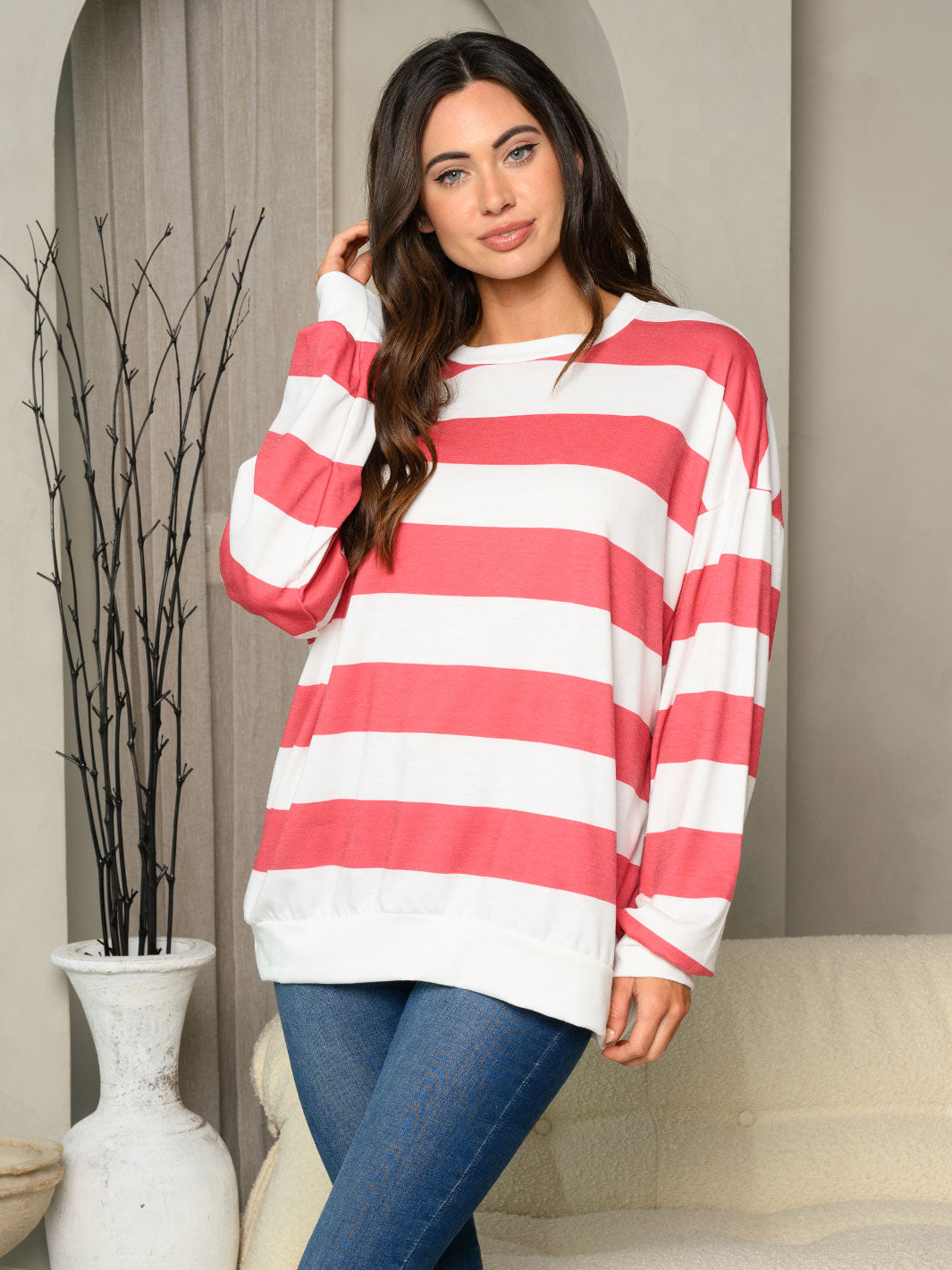WOMEN'S LONG SLEEVE STRIPES COLORBLOCK TOP
