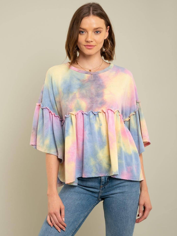 WOMEN'S TIE DYE RUFFLE TOP
