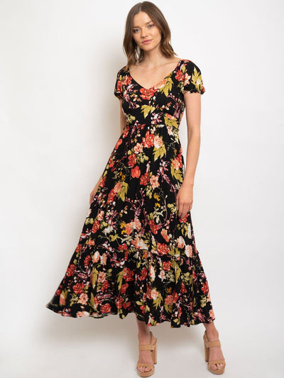 WOMEN'S BLACK FLORAL SHORT PUFF SLEEVES WITH RUFFLE MAXI DRESS