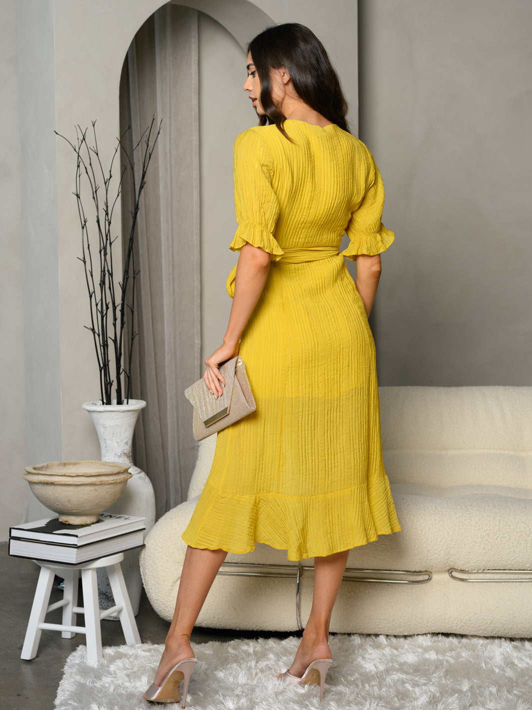 WOMEN'S 3/4 SLEEVE BUTTON DOWN RUFFLE MIDI DRESS