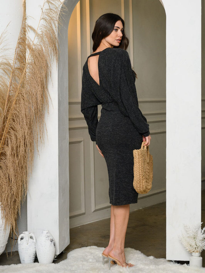 WOMEN'S LONG SLEEVE SELF TIE SURPLICE MIDI DRESS