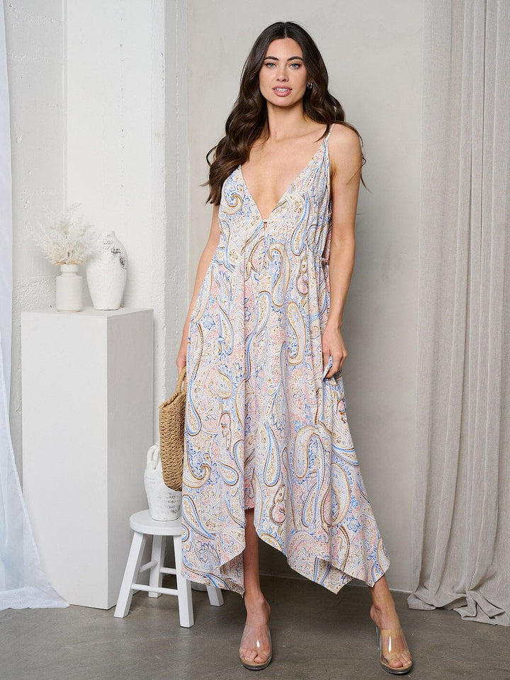 WOMEN'S SLEEVELESS V-NECK PAISLEY PRINT MIDI DRESS